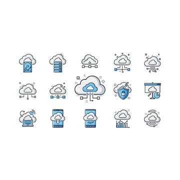 Cloud computing and mobile data technology pixel art icons set Stock Illustration