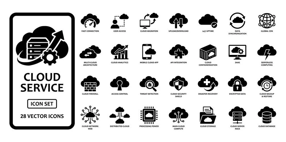 Cloud Computing and Network Services solid icon set. Includes symbols for D.. 스톡 일러스트