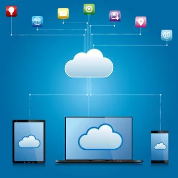 Cloud computing and networking design concept.The background is blue. Stock Illustration