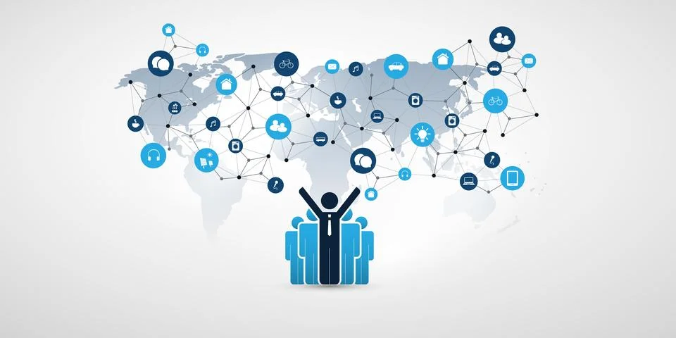 Cloud Computing and Networks Design Concept with Standing Happy Business Me.. Stock Illustration