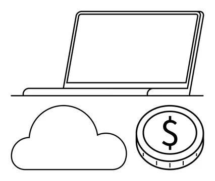 Cloud Computing and Online Finance with Laptop, Cloud, and Coin Symbol Outlin Stock Illustration