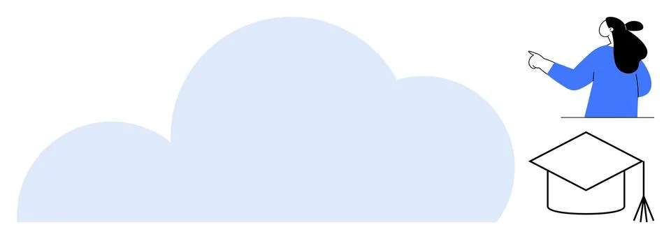 Cloud Computing and Online Learning Concept with Educator and Graduation Cap 스톡 일러스트