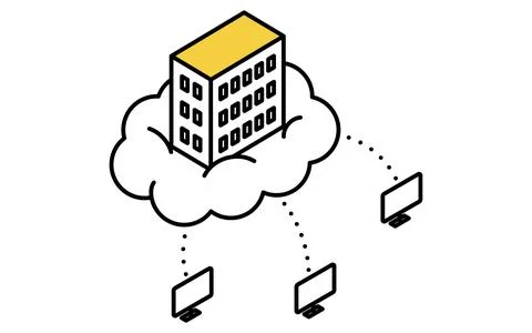 Cloud computing and online service delivery isometric line icon with intern.. Stock Illustration