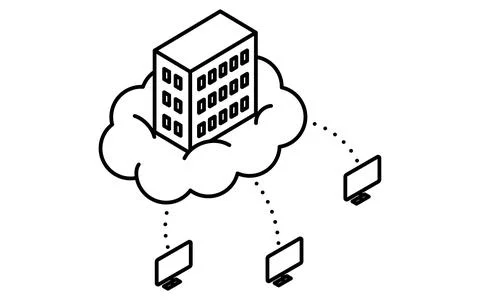 Cloud computing and online service delivery isometric line icon with intern.. Stock Illustration
