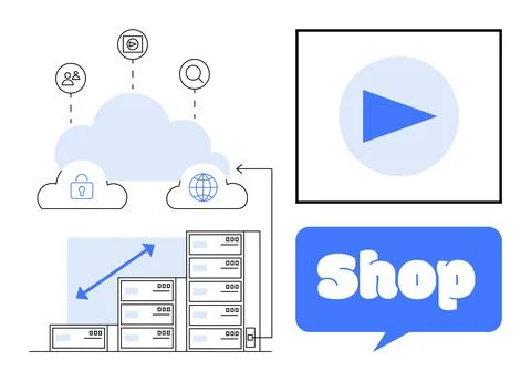Cloud Computing and Online Shopping Concept with Servers and Search Icons イラスト素材