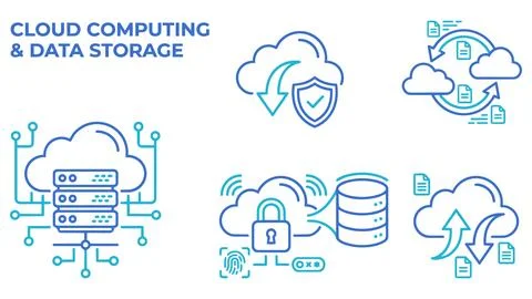Cloud computing and secure data storage technology icons with computing Stock Illustration