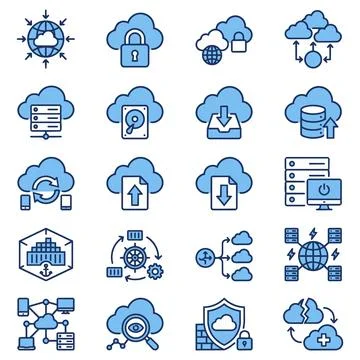 Cloud computing and server infrastructure line icon collection with computing Ilustração Stock