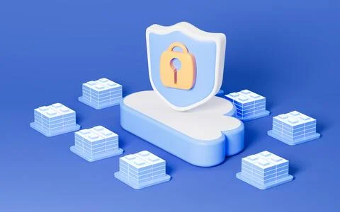 Cloud computing and shield, data encryption and protection, 3d rendering. Stock Illustration