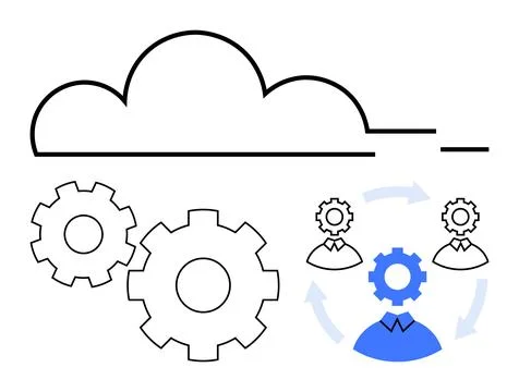 Cloud Computing and Team Collaboration Concept with Gears and Team Members .. Stock Illustration