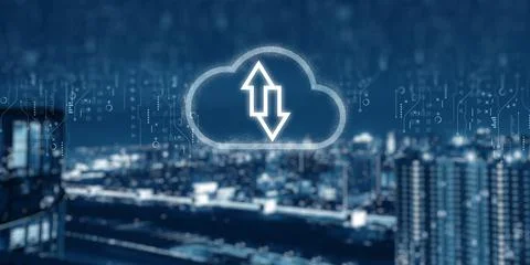 Cloud computing and technology icons with blur nlight city background. cloud  Stock-Fotos