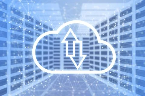 Cloud computing and technology icons with server room background. cloud compu Stock-Fotos