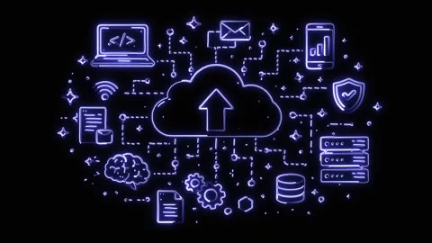 Cloud computing and technology network with glowing blue neon light path effect Stock Footage 325306499