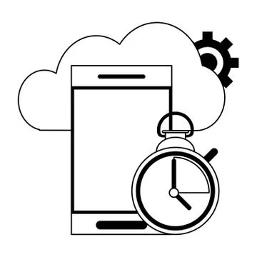 Cloud computing and technology symbols in black and white Stock Illustration