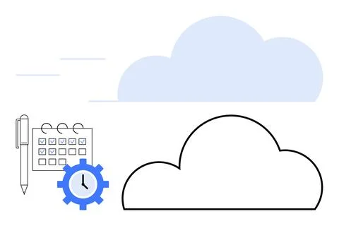 Cloud Computing and Time Management Concept with Calendar, Pen, and Gear Icon Stock Illustration