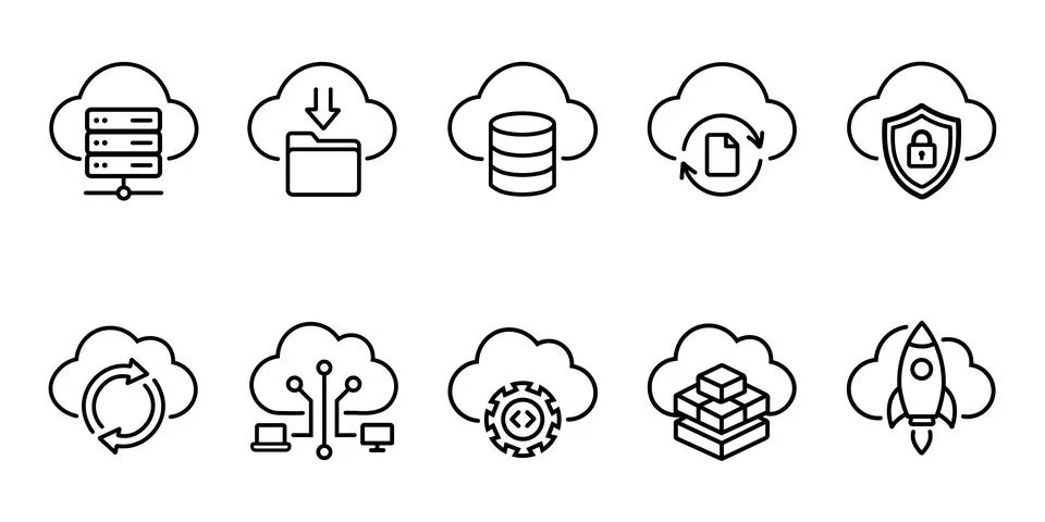 Cloud Computing And Web Hosting Line Icon Set 库存插图