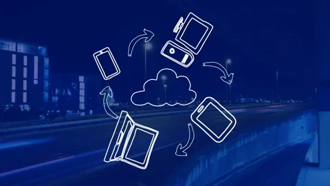 Cloud computing animation connecting various devices over cityscape Stock Footage 304932417