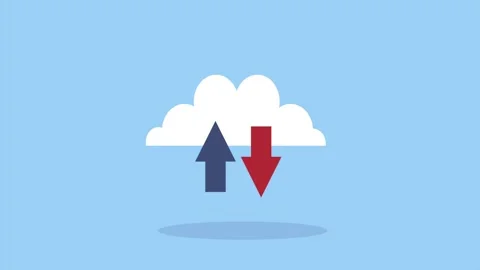 Cloud computing animation featuring upload and download arrows on blue back.. Stockbeeldmateriaal 333295014