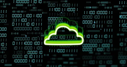 Cloud computing animation over binary code background in digital space Stock Footage 304767427