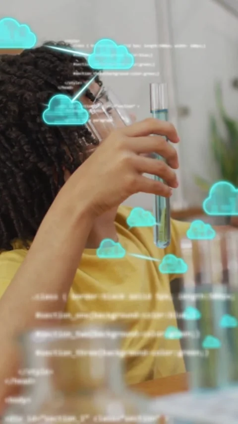 Cloud computing animation over person experimenting with test tubes in lab 스톡 동영상 342997251