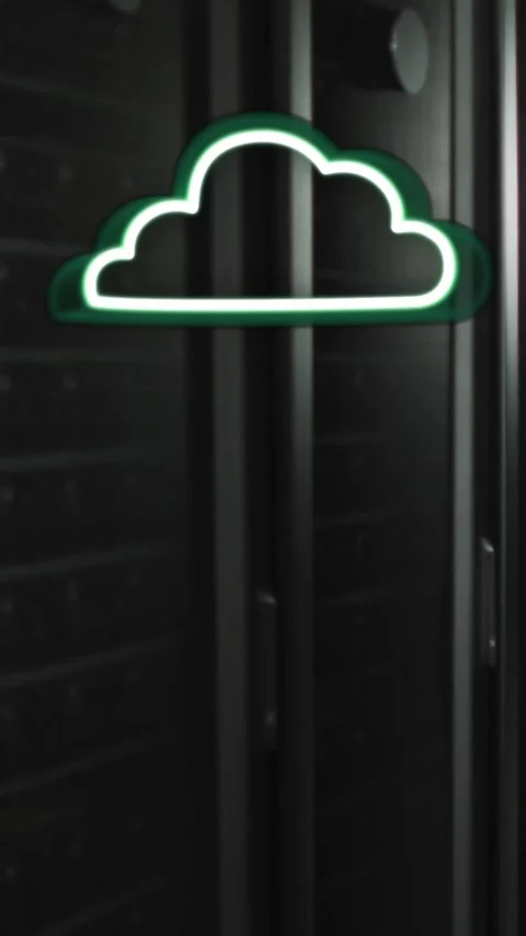 Cloud computing animation over server racks in data center Stock Footage 342643575