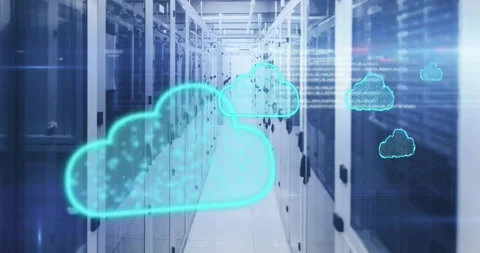 Cloud computing animation over servers in data center Stock Footage 329414948