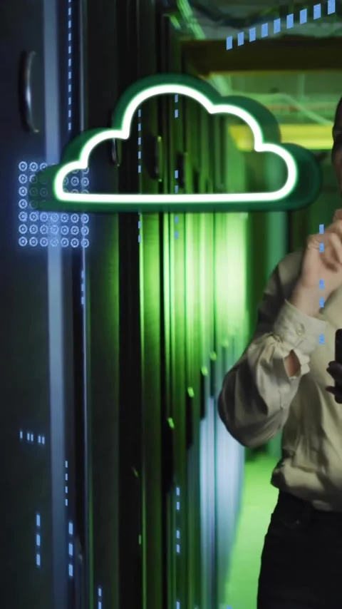 Cloud computing animation over woman holding tablet in server room Stock Footage 323780950