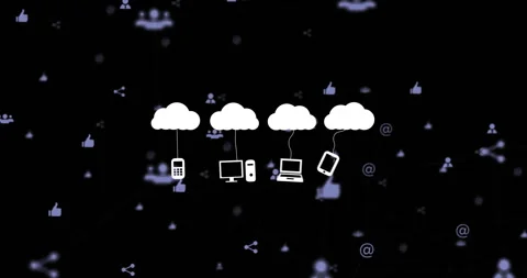 Cloud computing animation showing digital network symbols on dark background Stock Footage 305728415