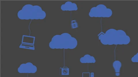 Cloud computing animation with various devices connected to blue clouds on black Stock Footage 306508199