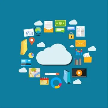 Cloud computing background. Data storage network technology. Multimedia conte Illustrazione stock