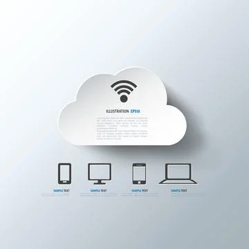 Cloud computing background with web icons. Social network. Mobile app. Illustrazione stock