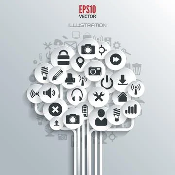 Cloud computing background with web icons. Social network. Mobile app Illustrazione stock