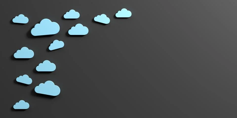 Cloud computing, Blue clouds on black background, copy space, banner. 3d illu Illustrazione stock