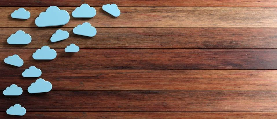 Cloud computing, Blue clouds on wooden background, copy space, banner. 3d ill Stock Illustration