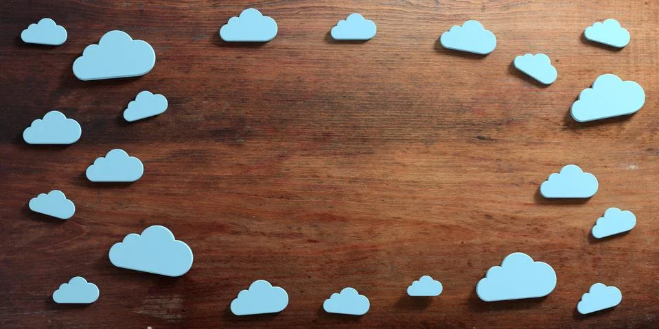 Cloud computing, Blue clouds on wooden background, copy space. 3d illustratio Illustrazione stock