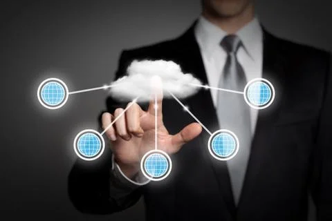 Cloud computing business concept - businessman presses virtual touchscreen Stock Photos