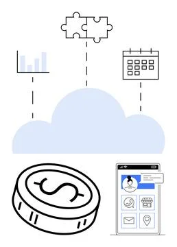 Cloud Computing with Business Icons Financial, Calendar, Analytics, Puzzle Piece Illustrazione stock