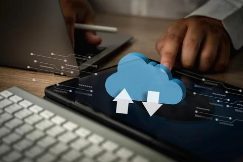 Cloud computing  Businessman  connect devices to cloud technology networkin.. Stock Photos