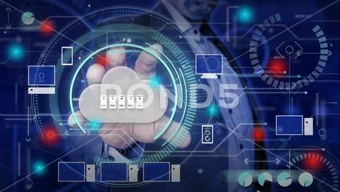Cloud computing. Businessman hand touching cloud with servers. 스톡 일러스트