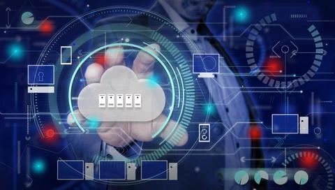 Cloud computing. Businessman hand touching cloud with servers. イラスト素材