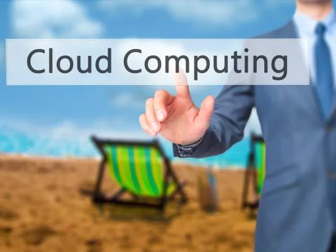Cloud Computing -  Businessman press on digital screen. Stockfoto's