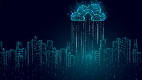 Cloud computing city skyline. Data rain digital city. Technology business Illustrazione stock