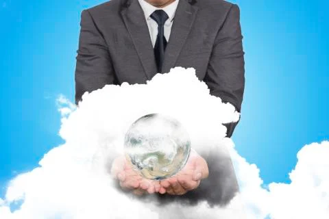 Cloud computing, close up of male holding Planet in hand Stock Photos