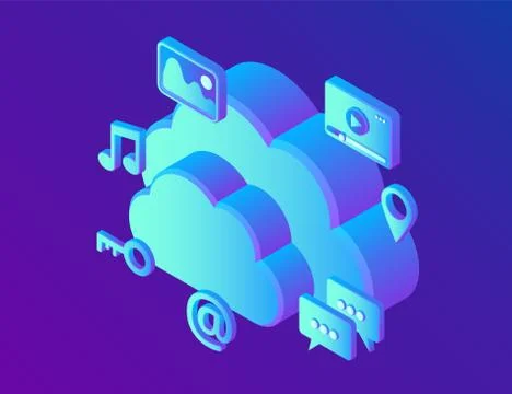 Cloud computing. Cloud with apps. Data storage device,media server. Web hosti Stock Illustration