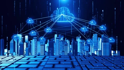 Cloud computing cloud service technology holographic smart city high-rise bu Video stock 141662522