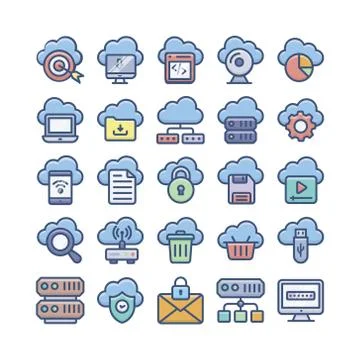 Cloud Computing, Cloud Storage and Databases Flat Icons 스톡 일러스트