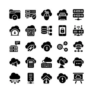 Cloud Computing, Cloud Storage and Databases Solid Vectors Stock Illustration
