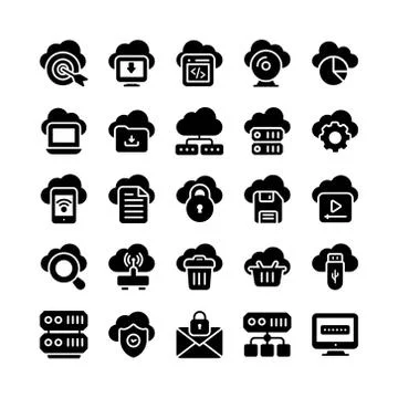Cloud Computing, Cloud Storage and Databases Solid Icons Stock Illustration