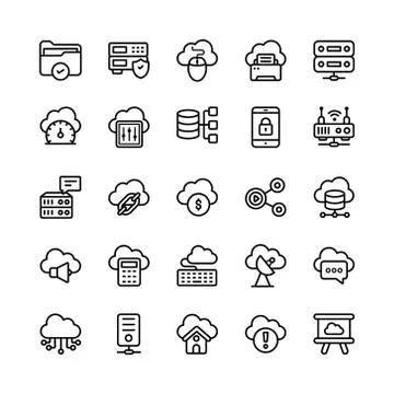 Cloud Computing, Cloud Storage and Databases Line Vectors Stock Illustration