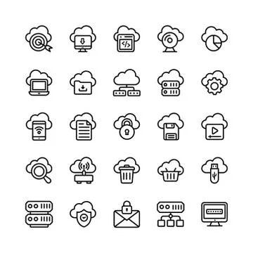 Cloud Computing, Cloud Storage and Databases Line Icons Stock Illustration