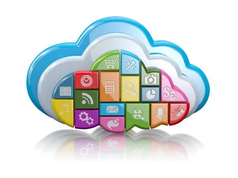 Cloud computing. clouds as application icons on white background. 3d Stock Illustration